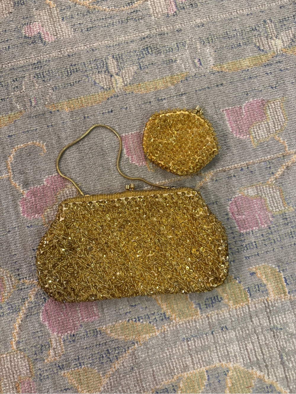 Vintage GMB Beaded Sequin Evening Bag + Coin Purse Set Gold Hong Kong 60s 50s